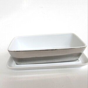 Porcelain Silver Bread Loaf Pan Dish Bake Cook Tray 8" Dinner Serve Kitchen Set